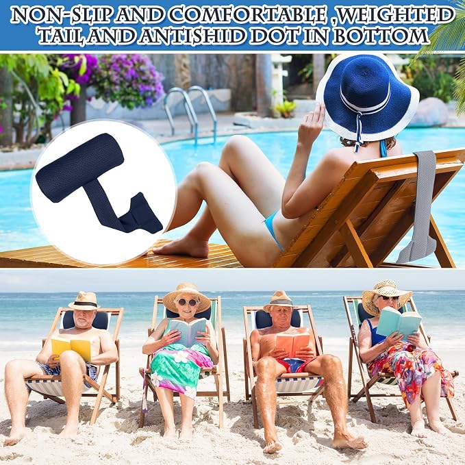 Kigley 2 Pcs Chaise Lounge Headrest Pillow for Patio Outdoor Pool Headrest Pillow Quick Drying Lounger Supplies for Adult with Non Slip Weighted Tail (Navy Blue)