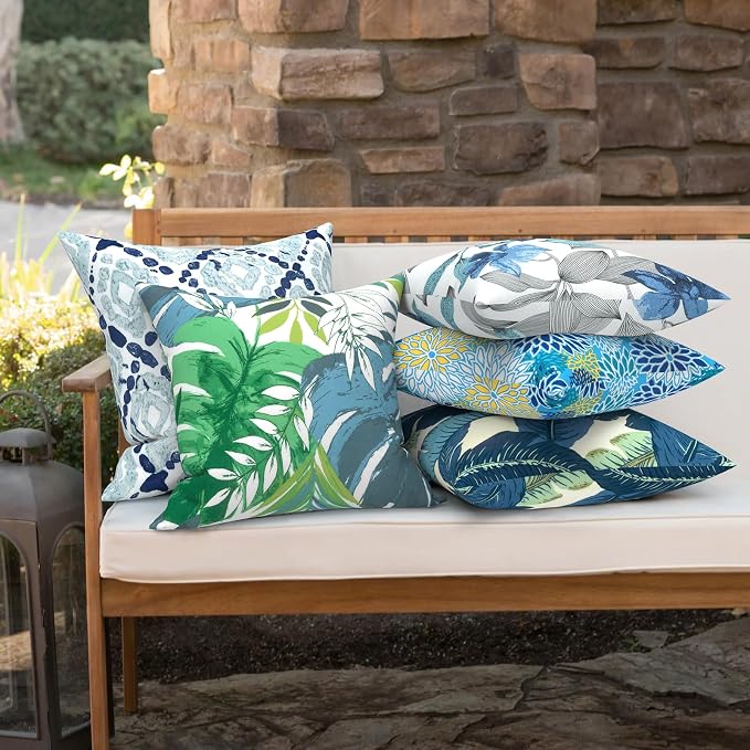Outdoor 16x16 Inch Throw Pillow Covers Set of 2, All Weather Square Pillow Cases, Covers ONLY Patio Cushion Pillow of Home Furniture Use, Islamorada Blue Green