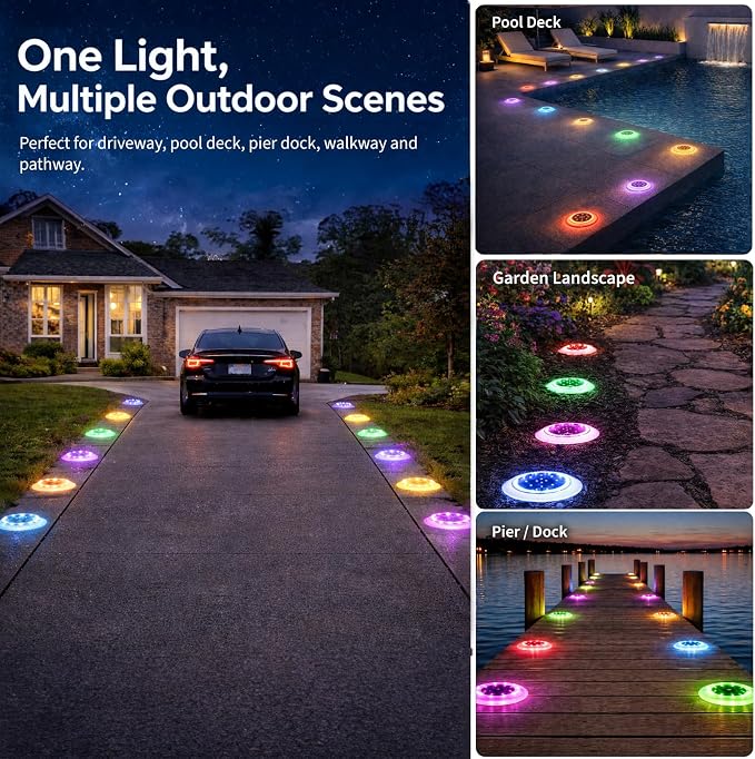 Solar Driveway Lights, 48 LEDs Deck Disc Light, RGB-W, 2Pk | 48 LEDs, Flat Low Profile, Outdoor Waterproof, Car Weight Bearing, Sundeck, Dock, Pool, Path, Sidewalk, 12-Color Changing
