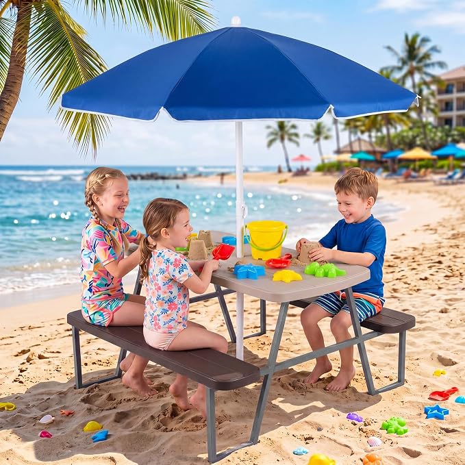 Costzon Kids Picnic Table, Toddler Outdoor Table & Bench Set with Removable Umbrella, HDPE Tabletop, Metal Frame, Kids Outdoor Furniture for Patio Backyard Garden, Fits 4 Children Age 3+ (Coffee)