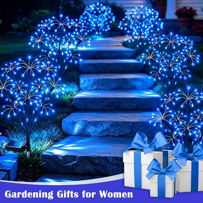 Solar Garden Lights Outdoor, 4 Pack 2-Layer Blue Fairy Firework Lights | Waterproof Starburst Flower Light, Garden Decor for Yard Patio Pathway Lawn, Unique Gifts for Women Mom Grandma Christmas