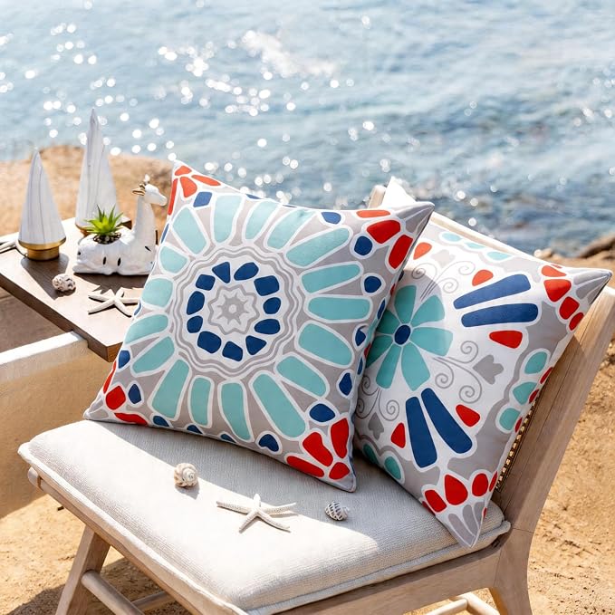 Waterproof Outdoor Pillow Covers, 4 Pack 18x18 Throw Pillow Covers | Blue Gray Decorative Pillow Covers, Floral & Boho Print, Waterproof & Fade Resistant, Garden Cushion Case for Patio Furniture