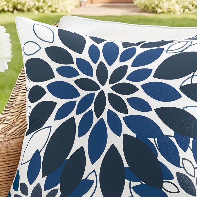 Floral Outdoor Pillow Covers Navy Blue 18x18 Set of 2 | Waterproof Throw Pillow Cases Spring Decorative Summer Cushion Covers for Patio Furniture Garden Bench Porch Sofa