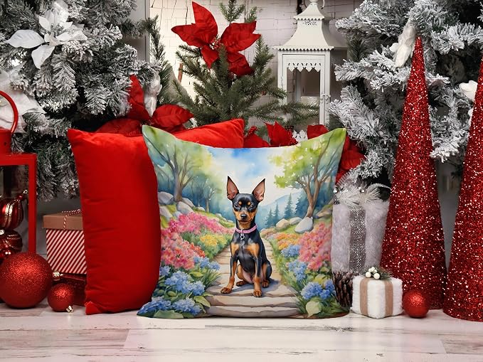 Caroline's Treasures Miniature Pinscher Spring Path Throw Pillow Machine Washable, Indoor Outdoor Decorative Pillow for Couch, Bed or Patio, 14Hx14W