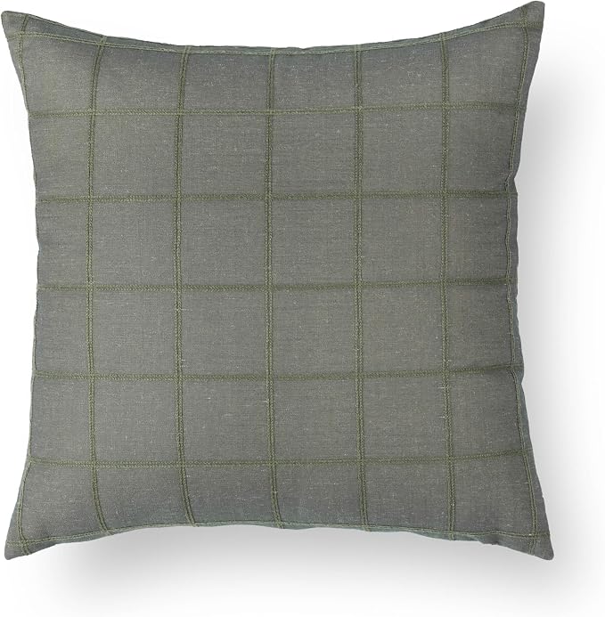 Modern Farmhouse Fall Linen Indoor Outdoor Throw Pillow Cover Only, 22"x22" Water Repellent for Patio, Backyard, Couch, Oliver Green Plaid