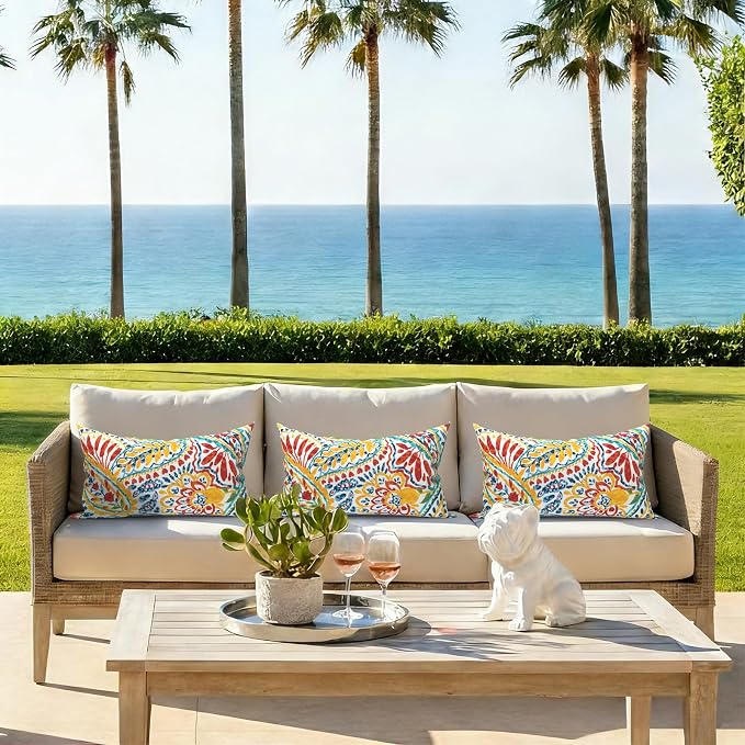 Pack of 2 Outdoor Lumbar Pillow Covers, All Weather Cushion Pillow Cases 12x20 Inch, Pillowcase for Patio Couch Decoration, Paisley Multi