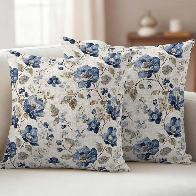 Blue Gray Waterproof Outdoor Pillow Covers 26''x26'' Set of 2, Vintage Botanical Patio Furniture Spring Florals Cushion Covers for Chairs, Decorative Farmhouse Pillow Cases for Garden/Pool/Beach