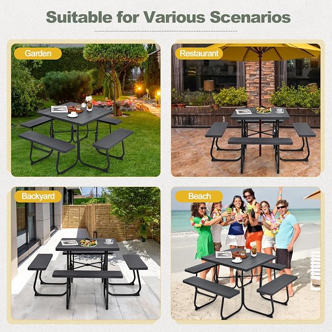 POWERSTONE Picnic Tables with Benches for 8, Outdoor HDPE Picnic Table with Umbrella Hole, Heavy Duty 35" Portable Dining Set Camping Table for Backyard, Patio, Park(Black)