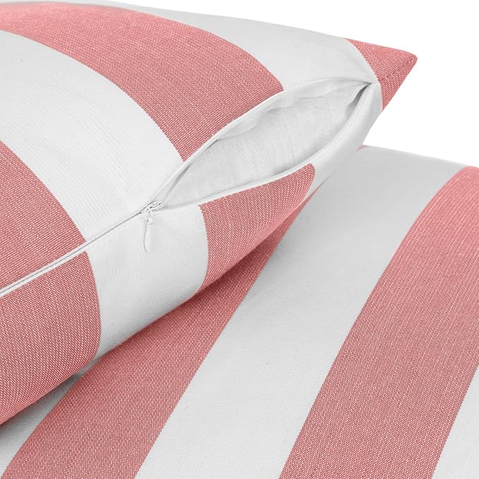 Sherry Kline Cabana Stripe Outdoor Throw Pillow Set of 2, 18x18 Inch Knife Edge Reversible Decorative Cushions, Indoor Outdoor Patio Accent Pillows, Made in USA - Pink/White