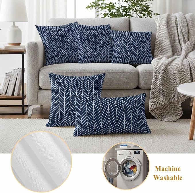 Outdoor Waterproof Throw Pillow Covers Set of 2 Navy Blue Chevron Stripes Pillowcases 24x24 Inches Modern Geometric Texture Decorative Pillows Cushion Case Patio Pillows for Couch Bed Chair Garden