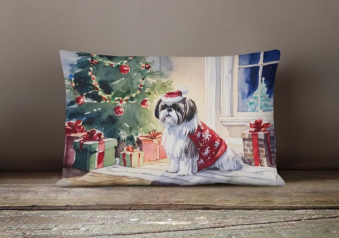 Caroline's Treasures DAC2752PW1216 Shih Tzu Cozy Christmas Throw Pillow Machine Washable, Indoor Outdoor Decorative Pillow for Couch, Bed or Patio, 12HX16W