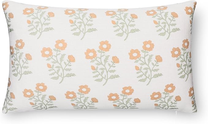 Modern Farmhouse California Casual Indoor Outdoor Lumbar Pillow Cover, 12"x20" Water Repellent for Patio, Backyard, Couch, Poolside, Ivory Cream Tan Green Print Block Painting Flowers