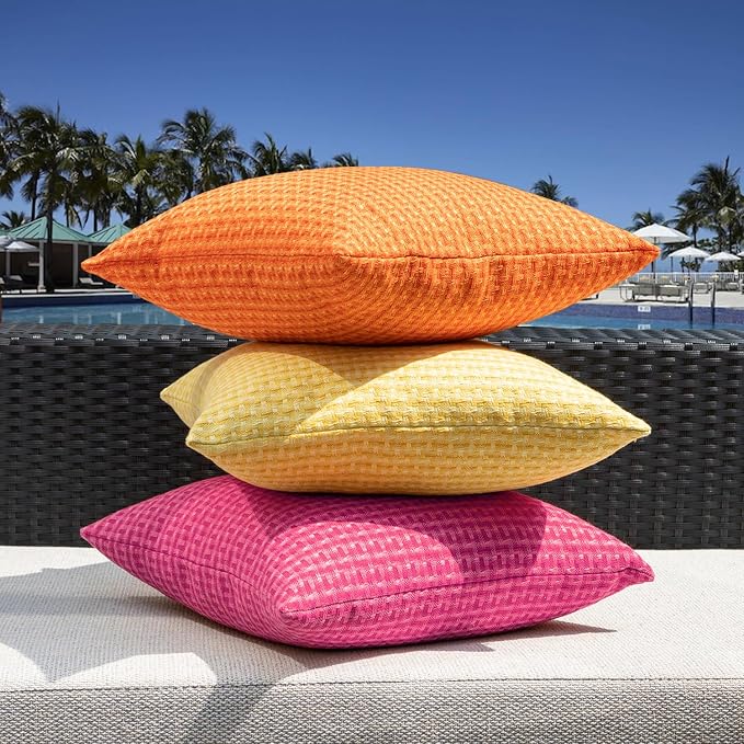 Kevin Textile Outdoor Waterproof 24"x24" Pillow Covers 2 Pack, Hot Pink | Water Resistant Weaving Faux Linen Texture Throw Pillow Covers, Outside Decorative Pillowcases for Garden Patio Balcony Couch