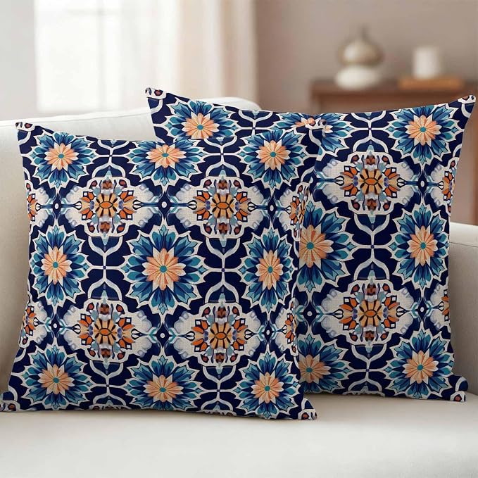 Orange Blue Outdoor Pillow Covers 18x18 Inch Throw Pillow Covers Set of 2 Waterproof Decorative Pillow Cases Morocco Boho Abstract Floral Ethnic Tribal Cushion Covers for Patio Furniture Garden Couch