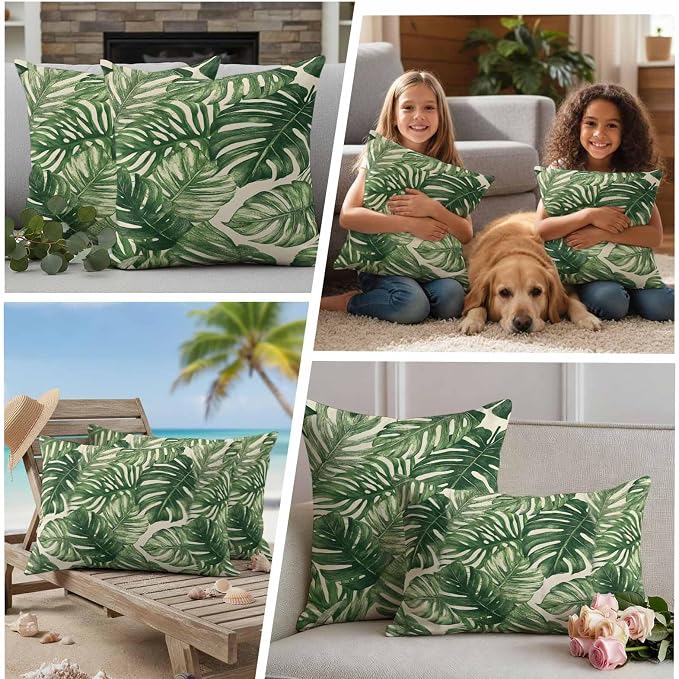 Green Tropical Leaves Waterproof Outdoor Pillow Covers Set of 2 Home Decor, Farmhouse Summer Leaf Plants Pillowcase Patio Pillow Covers for Couch Bench Furniture Garden 20x12in