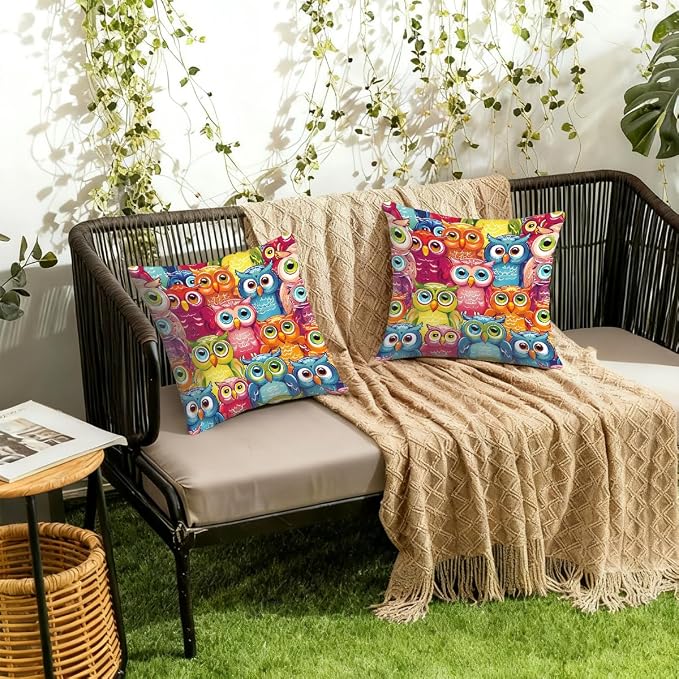 22x22 Inch Outdoor Pillow Covers Set of 2 Waterproof Throw Pillow Covers Decorative Couch Cushion Covers Colorful Cute Owl Square Pillowcases Protectors for Patio Garden Sofa