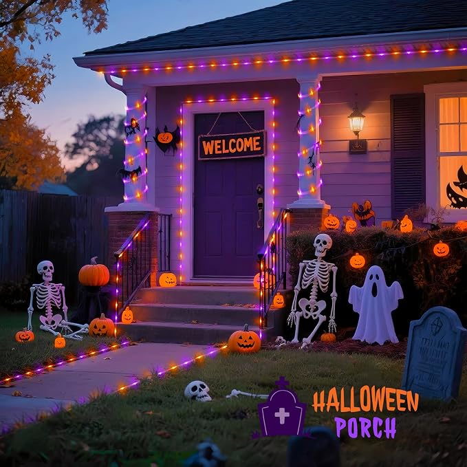 JMEXSUSS 66 ft 200 LED Orange and Purple Halloween Solar Lights | Purple Christmas Rope Lights Outdoor Waterproof, Orange Halloween Lights for Halloween Fall Party Tree Christmas