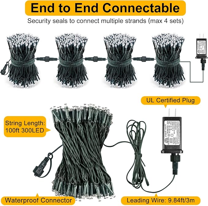 2 Pack Christmas Lights Outdoor, Total 200FT 600 LED Christmas Tree Lights | 1 Pack Blue & 1 Pack White, Plug in Waterproof 8 Modes String Lights for Outside Patio Garden Xmas Decorations