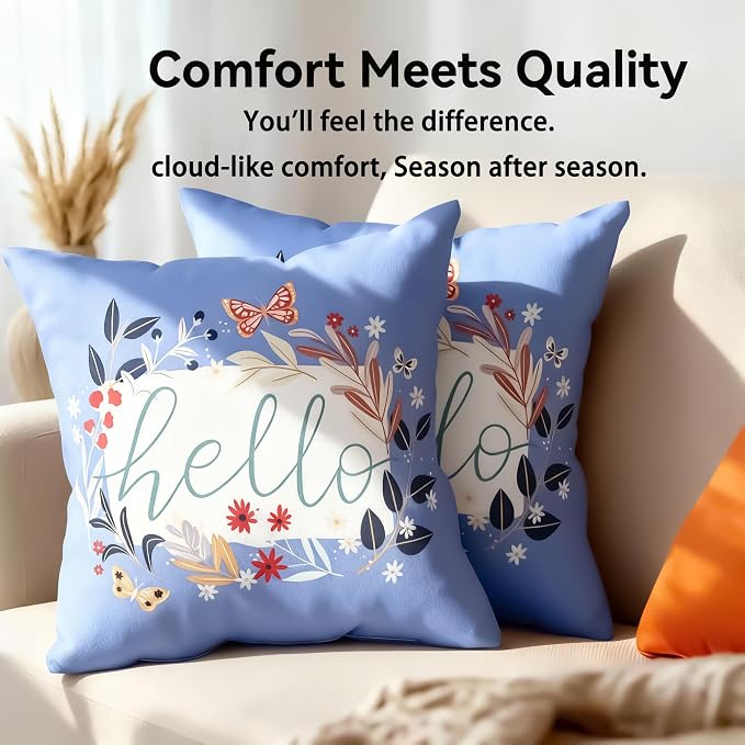 Outdoor Throw Pillows Waterproof Set of 4 18x18 Inches for Bed and Patio Furniture, Hello Pattern Decorative Throw Pillows with Insert for Couch