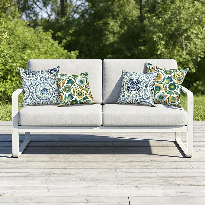 Outdoor Throw Pillow Covers 18x18 Inch, Decorative Pillow Covers for Patio Furniture, Medallion Blue Modern Cushion Cases for Garden Couch Home Sofa, Pack of 2