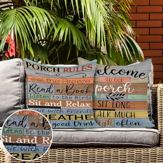 Decorative Outdoor Pillow Covers Porch Rules Sign Farmhouse Throw Pillow Covers, Square Linen Patio Cushion Cases for Couch Bench Seat Chair Car 18x18 Inch