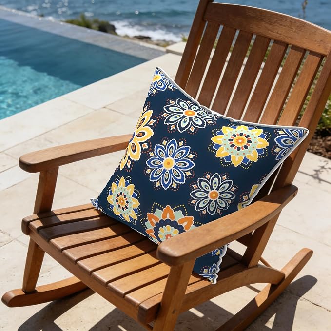 LVTXIII Outdoor Throw Pillows 18x18 Patio Waterproof Square Pillows with Piping Fade Resistant Accent Pillow for Spring Summer Garden Decoration, Set of 2, Bloom Medallion Cobalt