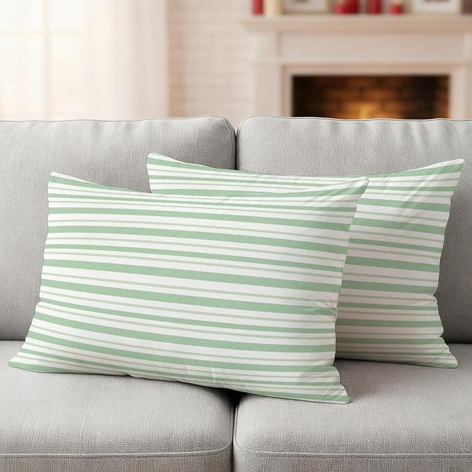 Green Vertical Stripes Waterproof Outdoor Pillow Covers Set of 2 Home Decor, Spring Pinstripes Apricot Lines Lumbar Pillowcase Patio Pillow Covers for Couch Bench Patio Furniture Garden 20x12in