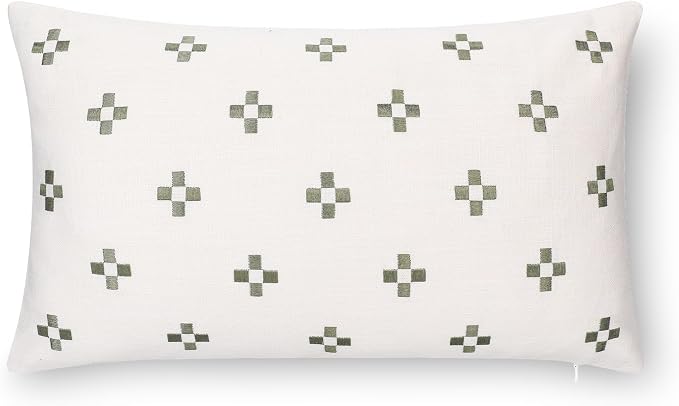 Modern Farmhouse California Casual Indoor Outdoor Lumbar Pillow Cover, 12"x20" Water Repellent for Patio, Backyard, Couch, Poolside, Neutral Green Embroidered Small Squares