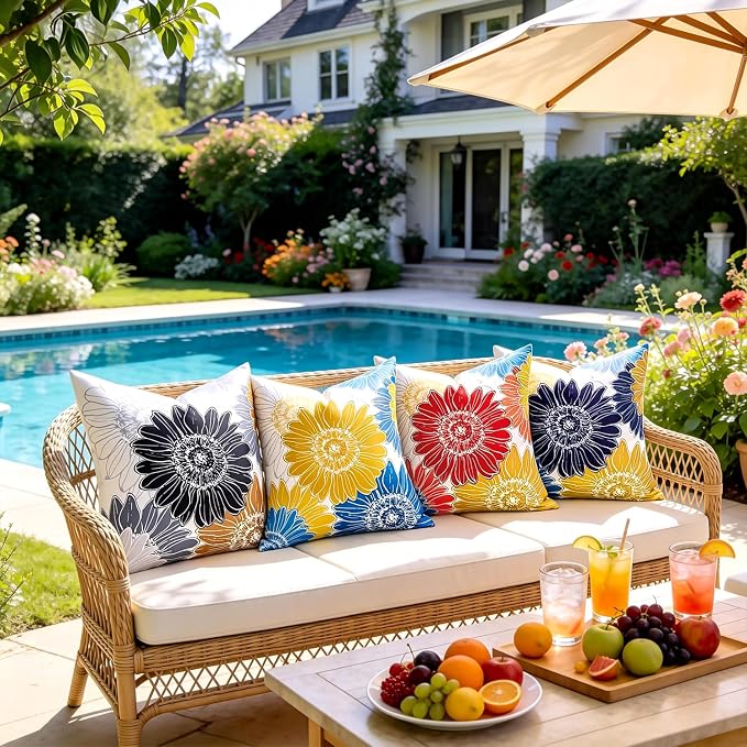 Outdoor Pillow Covers Summer Waterproof Sunflower Throw Pillow Covers 20x20 Decorative Blue Yellow Floral Cushion Covers Square Garden Throw Pillowcase Set of 2 for Patio Furniture Tent Balcony Bench