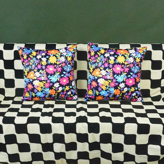 ONWAY Outdoor Floral Pillow Covers 18X18 inch Set of 2 Waterproof Yellow and Pink Flowers Black Decorative Throw Pillowcases for Patio Furniture Garden Spring Summer Cushion Cover