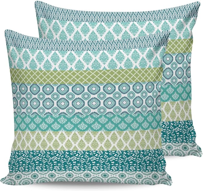 Outdoor Waterproof Throw Pillow Covers Set of 2 Teal Boho Stripe Tribal Vingtage Lumbar Pillowcases 26x26 Inch Green Bohemian Style Decorative Pillows Cushion Case Patio Pillows for Couch Bed Garden