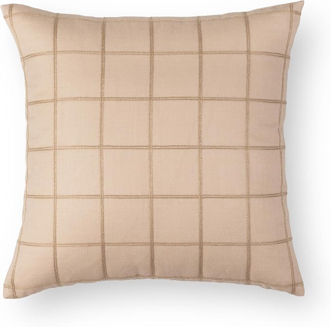 Modern Farmhouse Fall Linen Indoor Outdoor Throw Pillow Cover Only, 22"x22" Water Repellent for Patio, Backyard, Couch, Ivory Cream Plaid