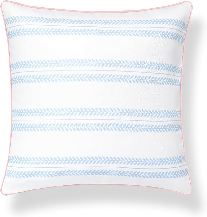 Hofdeco Premium Coastal Grandmillennial Patio Indoor Outdoor Throw Pillow Cover Only, 22"x22" Water Repellent for Backyard, Couch, Poolside, Baby Blue Pink Print Leaf Striped