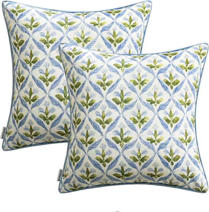 MIULEE Outdoor Floral Pillow Covers Waterproof 16x16 Blue-Green | Decorative Block Print,Boho Farmhouse, Set of 2 Coastal Summer Cushion Covers with Piping,Garden Patio Furniture Porch Couch