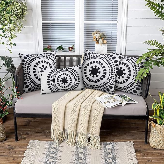Merrycolor Set of 2 Outdoor Waterproof Throw Pillow Covers 20 * 20Inch Black and White Pillow Covers Floral Decorative Square Pillowcases Farmhouse Boho Outdoor Pillows for Patio Furniture