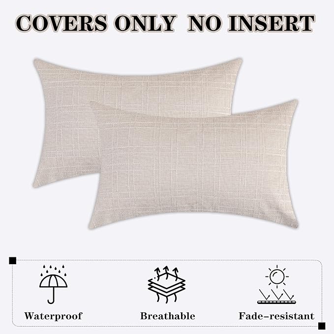 Kevin Textile Outdoor Waterproof 14”x24” Lumbar Pillow Covers 2 Pack, Beige | Water Resistant, Soft Faux Linen-cotton Yarn-dyed Woven Texture Throw Pillow Covers for Tent Patio Garden Couch Sofa