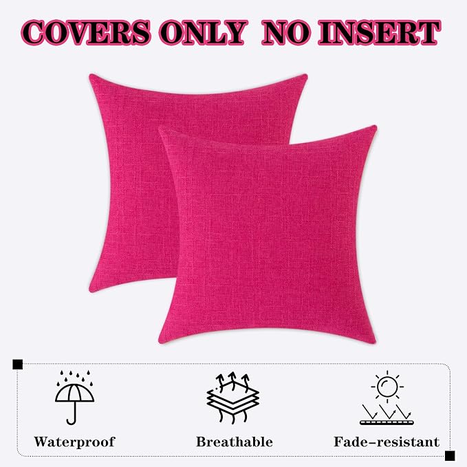 Kevin Textile Outdoor Waterproof 26”x26” Pillow Covers 2 Pack, Hot Pink | Water Resistant, Soft Faux Linen-cotton Yarn-dyed Woven Texture Throw Pillow Covers for Tent Patio Garden Couch Sofa