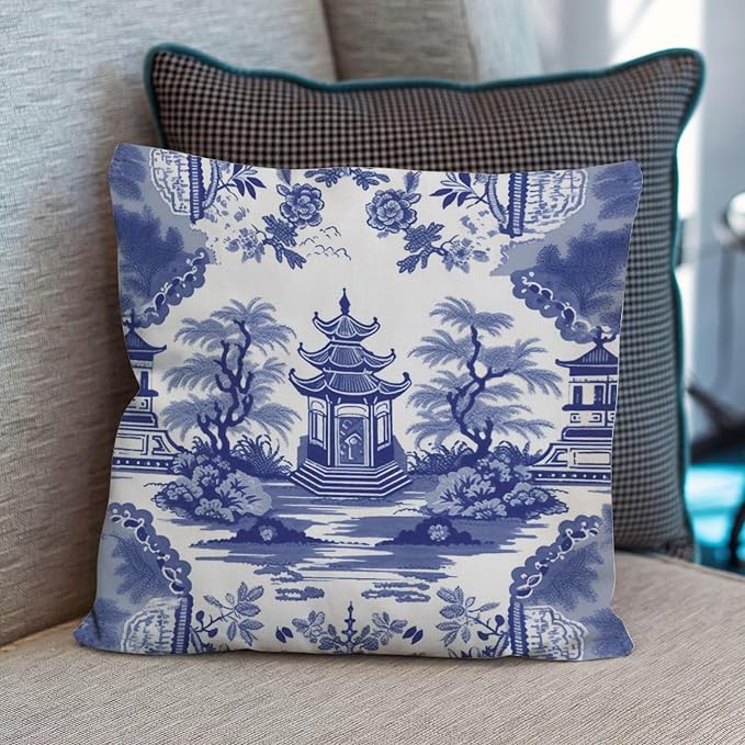 Pillowcase Chinoiserie Blue Asian Pagoda Pillows Rustic Chinoiserie Chic Asian Pillow Cover Accent Modern Decorative Pillow Covers for Patio Tent Couch 20x20 in