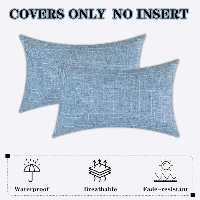 Kevin Textile Outdoor Waterproof 12”x24” Pillow Covers 2 Pack, Light Blue | Water Resistant, Soft Faux Linen-cotton Yarn-dyed Woven Texture Throw Pillow Covers for Tent Patio Garden Couch Sofa