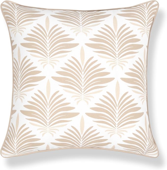 Hofdeco Premium Coastal Hampton Patio Indoor Outdoor Throw Pillow Cover Only, 20"x20" Water Repellent for Backyard, Couch, Poolside, Neutral Tan Print Abstract Plam Leaves
