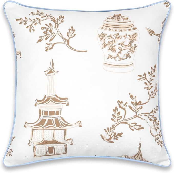 Hofdeco Premium Coastal Patio Indoor Outdoor Throw Pillow Cover Only, 20"x20" Water Repellent for Backyard, Couch, Baby Blue Tan Chinoiserie with Piping