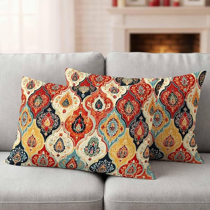 Bohemian Floral Outdoor Pillow Covers 20"x12" Set of 2, Moroccan Exotic Colored Floral Waterproof Throw Pillow Covers for Patio Furniture, Decorative Cushion Covers for Porch