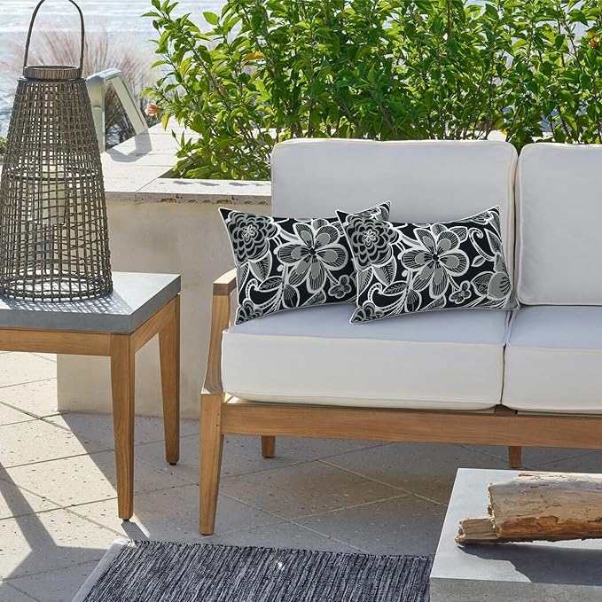 LVTXIII Set of 2 Outdoor Lumbar Pillows for Patio Furniture with White Piping, 12"x20" Fade Resistant Patio Lumbar Pillows with Inserts for Home Coach Sofa Use, Flower Black