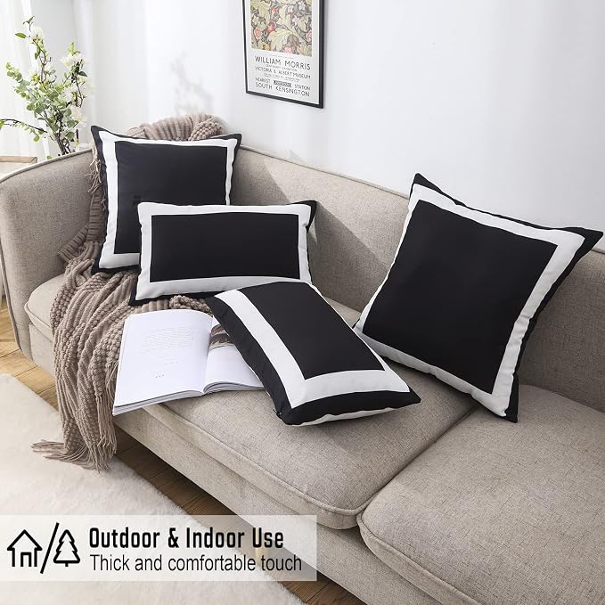 JOJOGOGO Black Outdoor Pillow Covers Waterproof 16x16 Set of 2 Black and White Square Decorative Outdoor Throw Pillows for Porch Garden and Patio Furniture