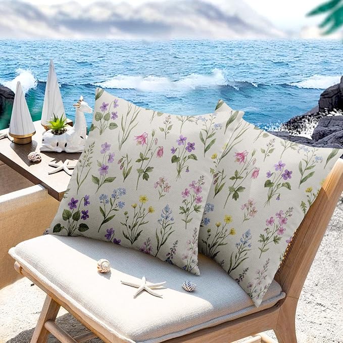 Outdoor Throw Pillow Covers, Floral Wildflower, Set of 2 | Botanical waterproof 18 x 18 inch square pillowcase cushion case decorative pillows for farmhouse garden couch beach patio