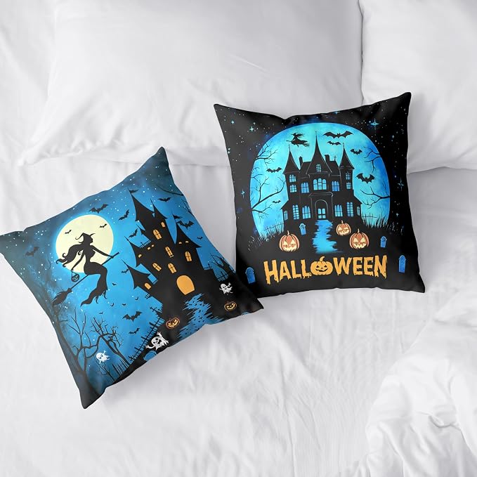 Halloween Pillow Covers 20x20 Set of 2 Witch Castle Throw Pillow Covers Horror Full Moon Night Pillow Case Bat Ghost Pumpkin Cushion Case for Holiday Party Home Decor Couch Sofa