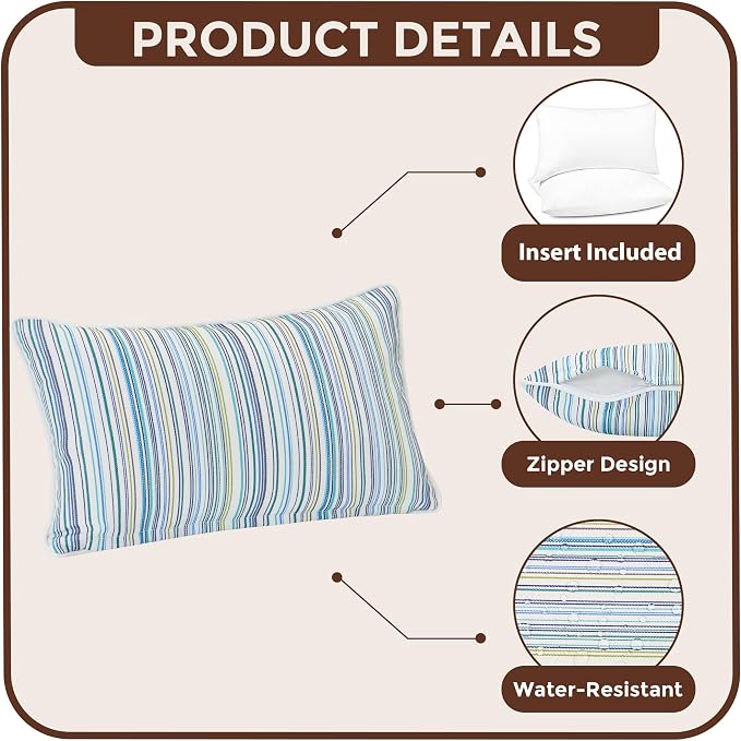 FUNHOME Outdoor Lumbar Pillow with Insert 12x20 Inch Pack of 2-Blue Stripe | Outdoor Pillows for Patio Furniture, Water-Repellent, Decorative Garden Pillows for Home Patio Coach Sofa Use