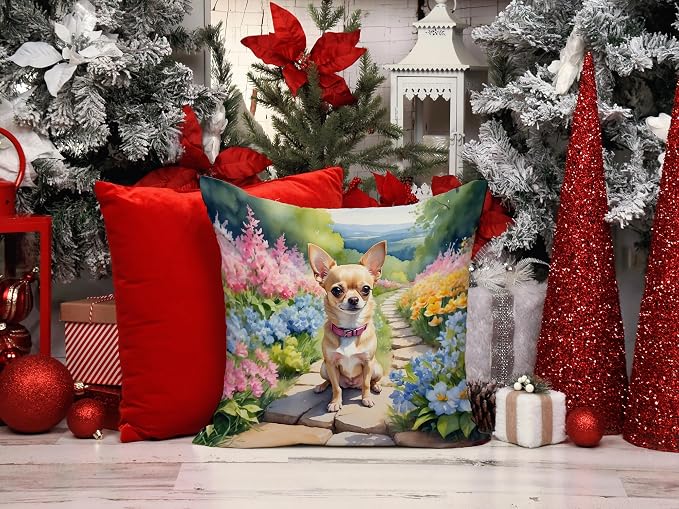 Caroline's Treasures Chihuahua Spring Path Throw Pillow Machine Washable, Indoor Outdoor Decorative Pillow for Couch, Bed or Patio, 14Hx14W