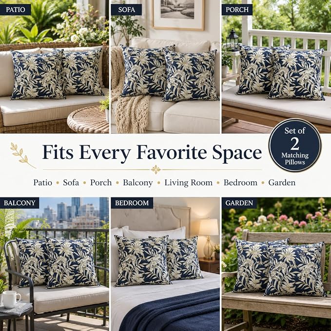 Outdoor Throw Pillows 18×18 Inch Pack of 2 Waterproof Decorative Patio Pillows with Inserts, Square Pillows for Garden Couch Sofa and Patio Furniture