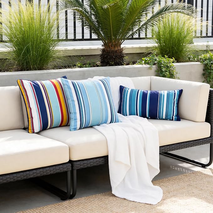 Waterproof Outdoor Pillow Covers 18x18 Inch Set of 2, Colorful Stripe Decorative Throw Pillow Cover with Piping, Modern Farmhouse Cushion Cases for Summer Patio Garden Porch Balcony Beach